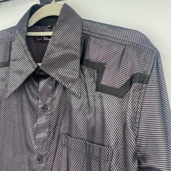 Y2K Rockabilly Western Shirt Mens Sz L Stripe Satin Cowboy Rodeo Style Stok Goth - Picture 3 of 10